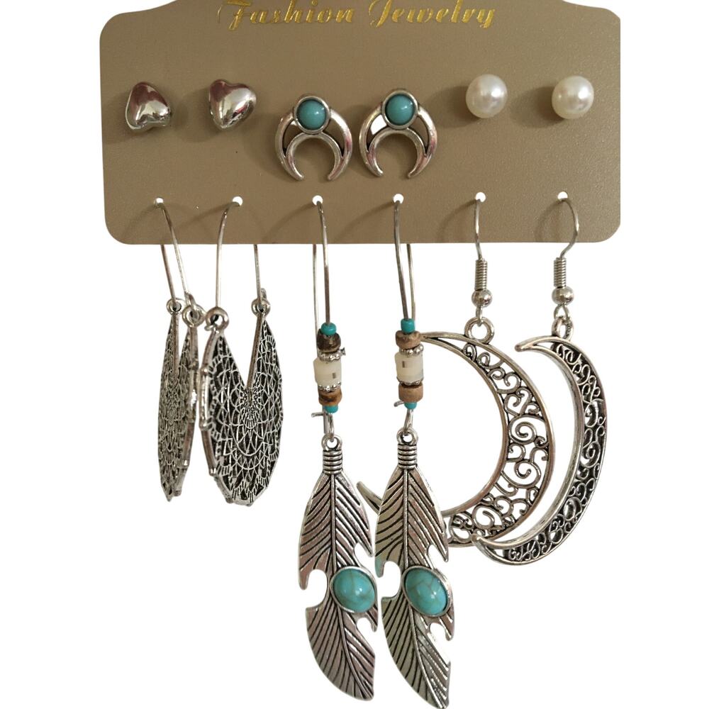 NWT Boho Drop Dangle and Stud Earrings, Feathers Turquoise, Crescent Moon
